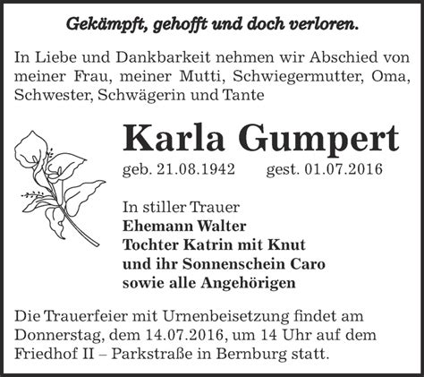 Traueranzeigen Von Karla Gumpert Abschied Nehmen De