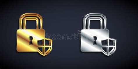 Gold And Silver Shield Security With Lock Icon Isolated On Black Background Protection Safety