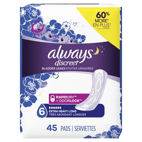 Always Discreet Incontinence Pads Extra Heavy Long Length 45 Ct