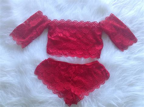 Gigi Red Lace Bandeau Crop Top Bralette Lingerie Set Red Lingerie Set Valentines Gift For Her