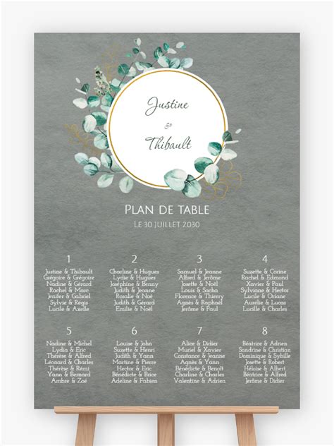 Plan de table mariage à imprimer Or et eucalyptus Support au choix