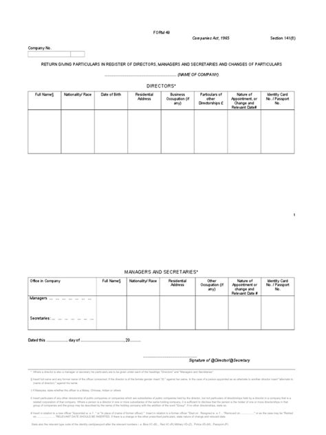 Form 49 Return Giving Particulars In Register Of Directors Managers