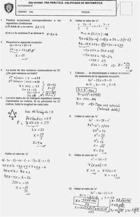 Matem Ticas Practica Calificada Da Unidad Do De Secundaria