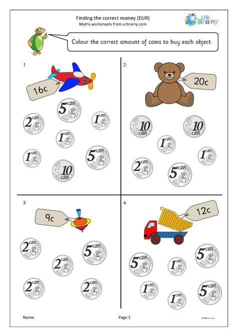 Finding The Correct Money Euros Money Worksheets Using Euros By