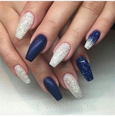 Long Square Shaped Acrylic Navy Blue Nails With White Navy Blue Nail Designs Acrylic Nail