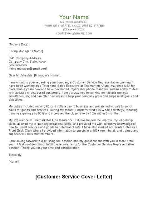 Customer Service Professional Cover Letter Pdf