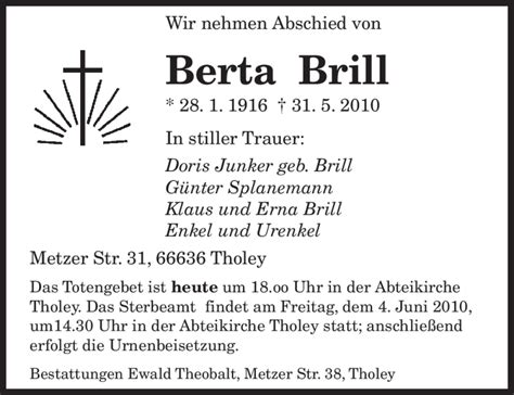 Traueranzeigen Von Berta Brill Saarbruecker Zeitung Trauer De