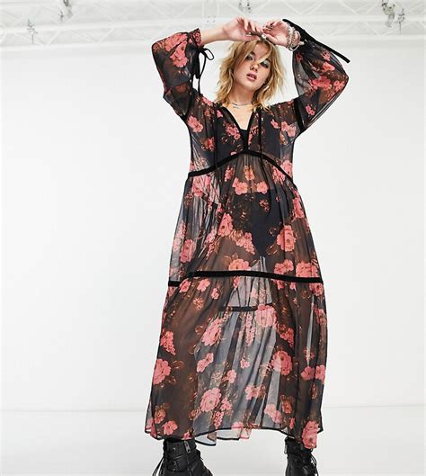 Reclaimed Vintage Maxi Sheer Dress In Dark Floral Print Shopstyle