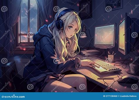 Anime Girl With Headphones And A Laptop Generative AI Stock