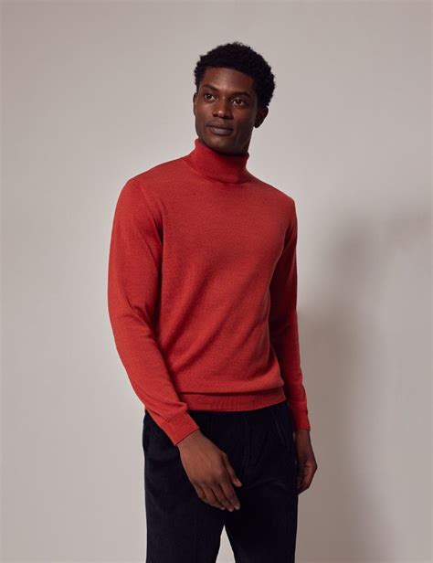 Mens Orange Roll Neck Merino Wool Jumper