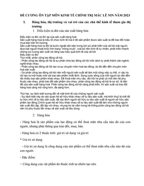 Đề Cương Ktct 2023 Đề Cương Ktct 2023 ĐỀ CƯƠng Ôn TẬp MÔn Kinh TẾ ChÍnh TrỊ MÁc LÊ Nin NĂm