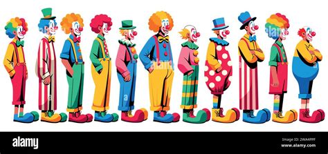 Flat Style Illustration Of A Group Of Clowns Standing In Line Stock