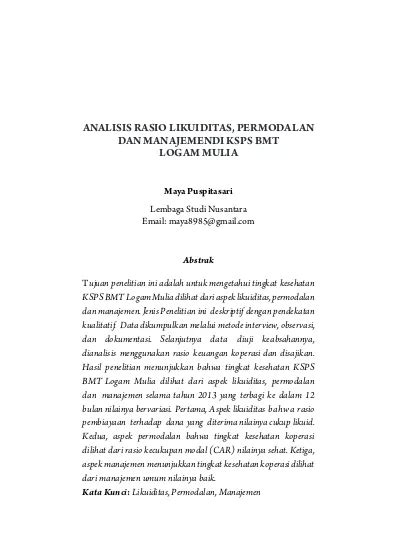 Analisis Rasio Likuiditas Permodalan Dan Manajemendi Ksps Bmt Logam Mulia