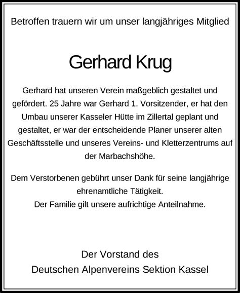 Traueranzeigen Von Gerhard Krug Trauer Hna De