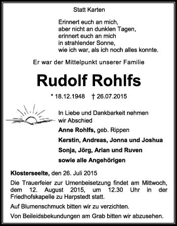 Traueranzeigen Von Rudolf Rohlfs Trauer Kreiszeitung De