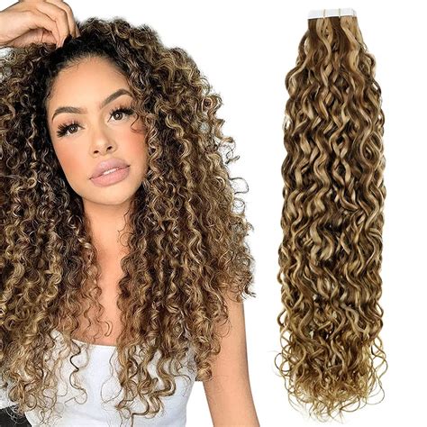 Hetto Curly Tape In Hair Extensions 4 27 Brown Highlight Blonde14 Inch Natural