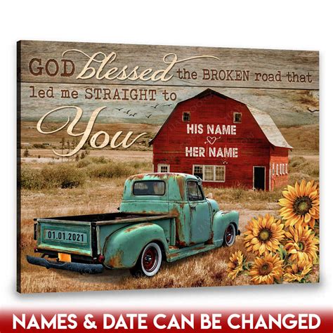 Hayooo Custom Couple Canvas With Rustic Red Barn And Teal Pickup Truck