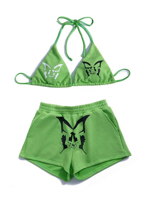 Emmiol Free Shipping Letter Butterfly Pattern Bikini Set Green M