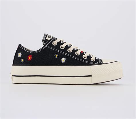 Converse All Star Low Platform Trainers Black Natural Ivory Black Embroidered Flower Women S