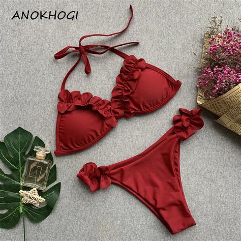 Pure Color Wine Red Women Floral Bikini Sets Padded Bandage Beach Sexy