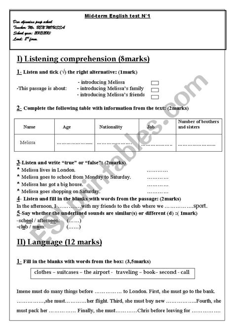 8 Th Form Mid Term Test N1 ESL Worksheet By Aymeness