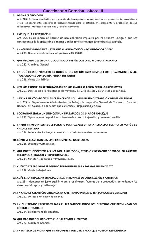 Cuestionario Derecho Laboral II DEFINA EL SINDICATO Art 206 Es Toda