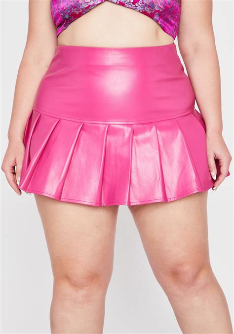 Plus Size High Waist Vegan Leather Mini Skirt Pleated Hem Pink Dolls Kill