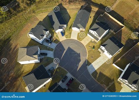 Aerial View Of Cul De Sac At Neighbourhood Road Dead End With Densely