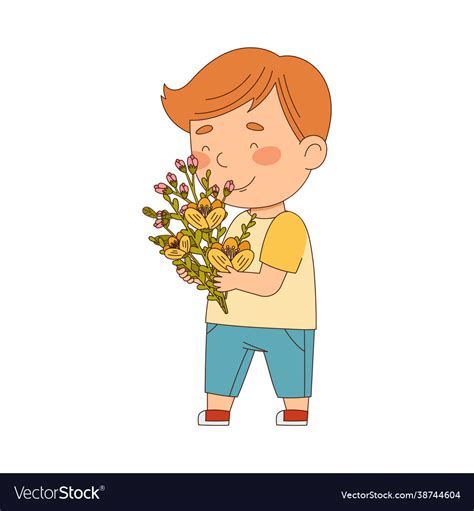 Preschool Boy Holding Flower Smelling Aroma Vector Image