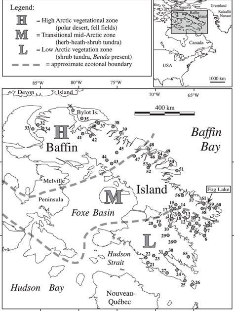 Map Of Baffin Island Showing The Locations Of The 61 Lakes Used To