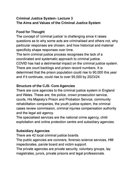 CJS Aims And Values Lecture Notes Criminal Justice System Lecture