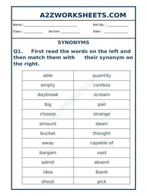 A2Zworksheets:Worksheet of Synonyms-07-Grammar-English