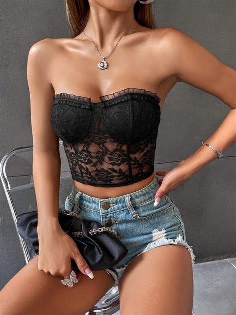 Shein Bae Frill Trim Bustier Crop Lace Tube Top Shein Usa