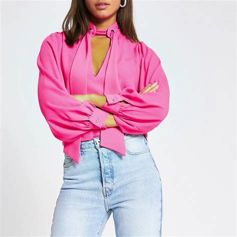 Bright Pink Eyelet Tie V Neck Blouse River Island Women Shirts