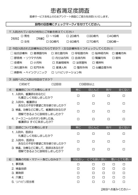 患者満足度調査のアンケート用紙内容・項目について例を用いて簡単にご紹介！ メディカルローグ