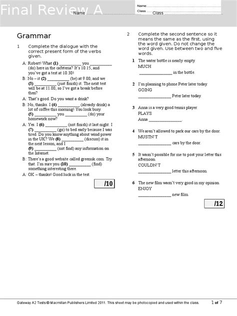 Gateway A2 Final Review Test A | PDF