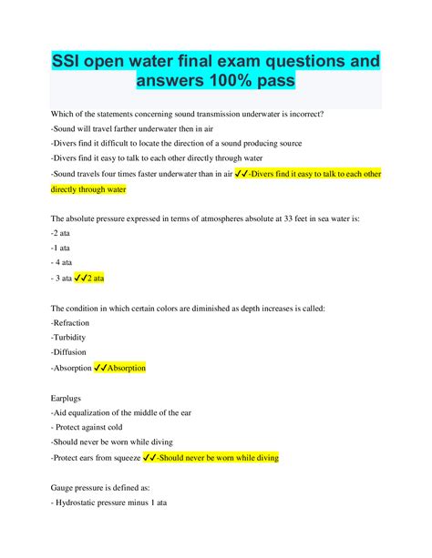 SSI Open Water Final Exam Questions And Answers Already Passed