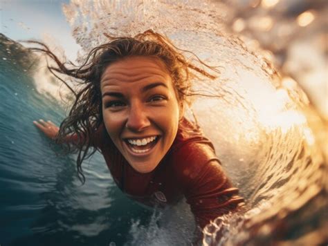 Premium Ai Image Fit Cute Woman Surfing Ocean Wave