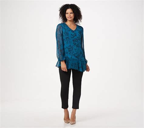 Susan Graver Printed Liquid Knit Tunic Sheer Chiffon Accents