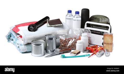 Disaster Supply Kit For Earthquake On White Background Stock Photo Alamy