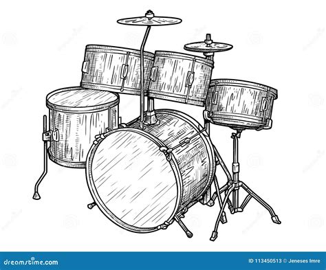 Set Of Drums Illustration Drawing Engraving Ink Line Art Vector