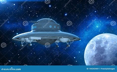 Retro UFO Spaceship Flying Saucer In Deep Space Vintage Spacecraft