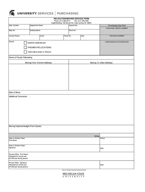 Fillable Online Usd Msu RELOCATIONMOVING SERVICE FORM Phone 517 884