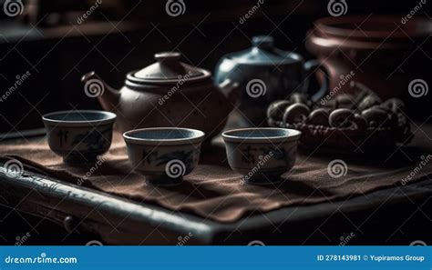 Hot Tea In Antique Earthenware Teapot Set Generated By AI Stock Illustration Illustration Of