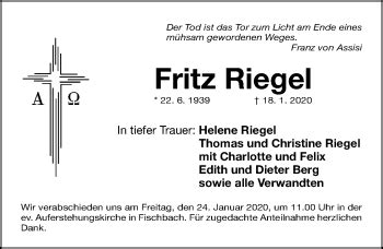 Traueranzeigen Von Fritz Riegel Trauer Nn De