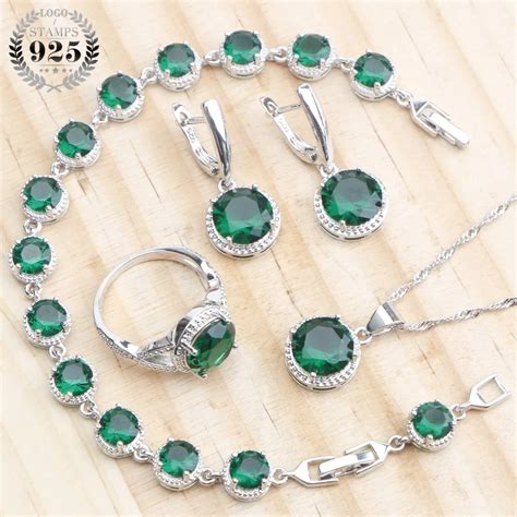 Ronde Groene Cz Sterling Zilveren Bruids Sieraden Sets Oorbellen