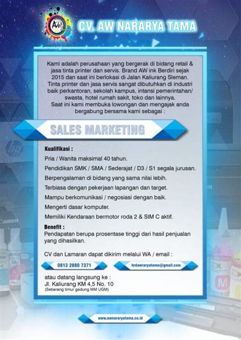 Lowongan Kerja Sales Marketing Di CV AW Nararya Tama LokerJogja ID