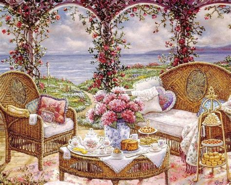 Art Garden Terrace Tea Time Ocean View Painting Edges Painting