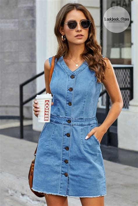 Women Sleeveless V Neck Button Down Frayed Hem Short Denim Dress