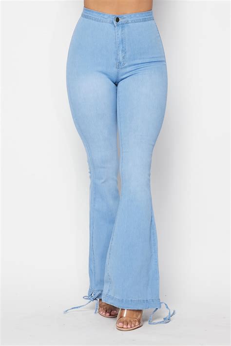 Super High Waisted Stretchy Drawstring Bell Bottoms Light Denim